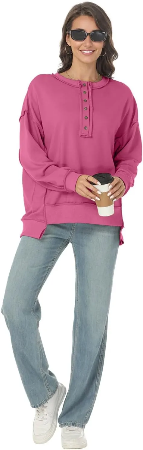Tanou Women's 2024 Oversized Sweatshirts Long Sleeve Button Up Hoodies Henley V Neck Casual Pullover Hooded Tunic