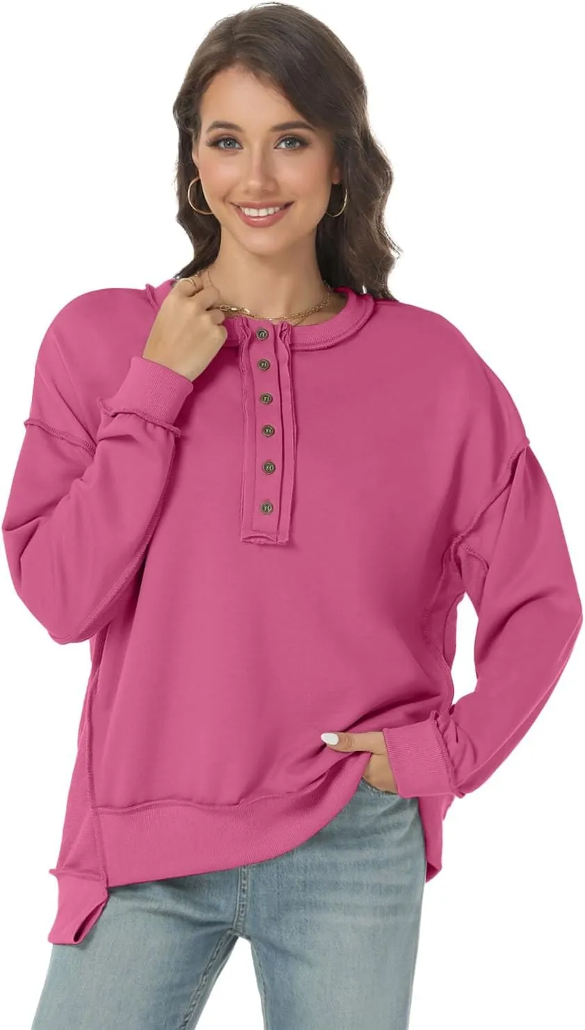 Tanou Women's 2024 Oversized Sweatshirts Long Sleeve Button Up Hoodies Henley V Neck Casual Pullover Hooded Tunic