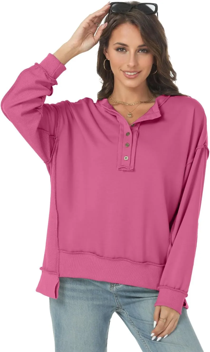Tanou Women's 2024 Oversized Sweatshirts Long Sleeve Button Up Hoodies Henley V Neck Casual Pullover Hooded Tunic