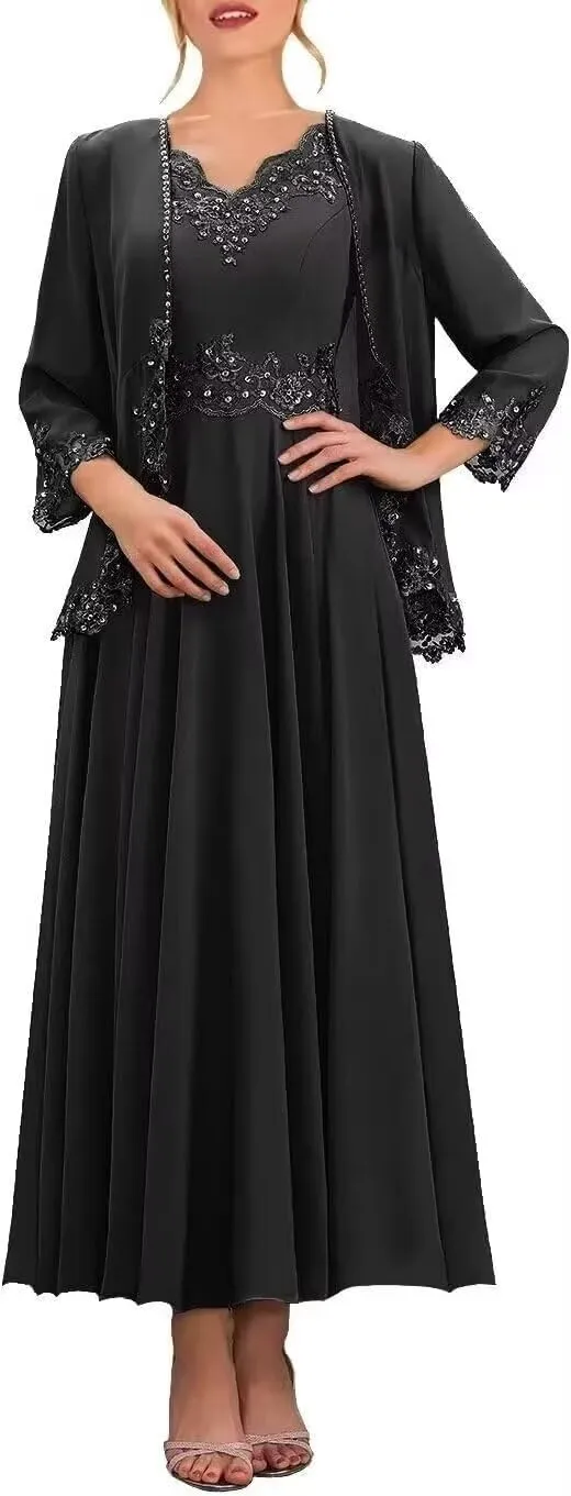 Tea Length Mother of The Bride Dresses for Wedding with Pockets Formal Dresses for Women 2 Pieces Evening Gown