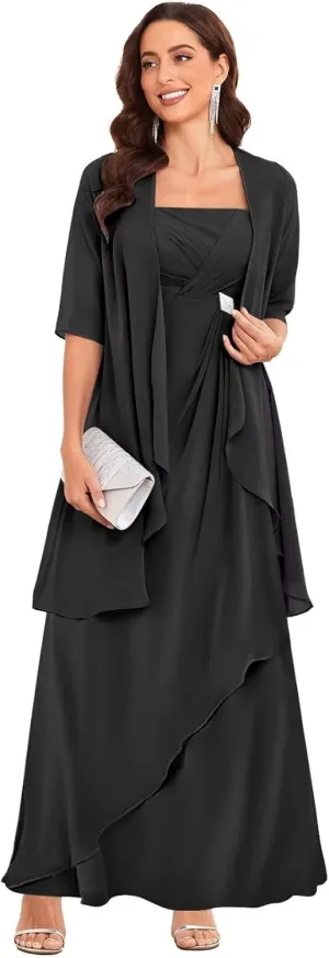 TORYEMY 2 Pieces Mother of The Bride Dresses with Jacket for Wedding Half Sleeve Long Chiffon Formal Evening Dresses