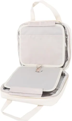 Travel Makeup Bag with Mirror, Water Makeup Organizer with Non Slip Metal Hook, Dual Handle Straps, Portable Cosmetic Train Case (White)