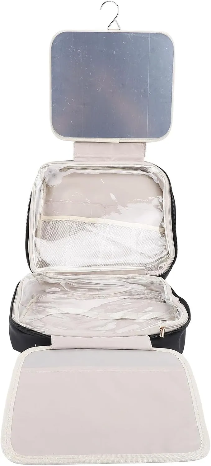 Travel Toiletry Bag With Mirror, Large Capacity Cosmetic Organizer Bag, PU Makeup Storage Bag with Hook, Mirror for Travel Storage of Cosmetics and Toiletries (Black)