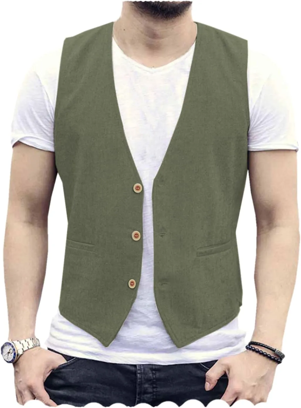 Tuikayoo Men's Summer Linen Vest Suit Waistcoat Casual Vest Regular Fit