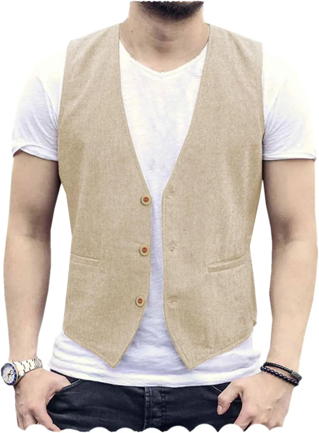 Tuikayoo Men's Summer Linen Vest Suit Waistcoat Casual Vest Regular Fit