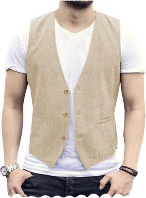 Tuikayoo Men's Summer Linen Vest Suit Waistcoat Casual Vest Regular Fit