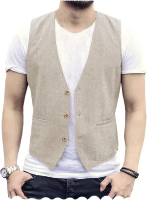 Tuikayoo Men's Summer Linen Vest Suit Waistcoat Casual Vest Regular Fit
