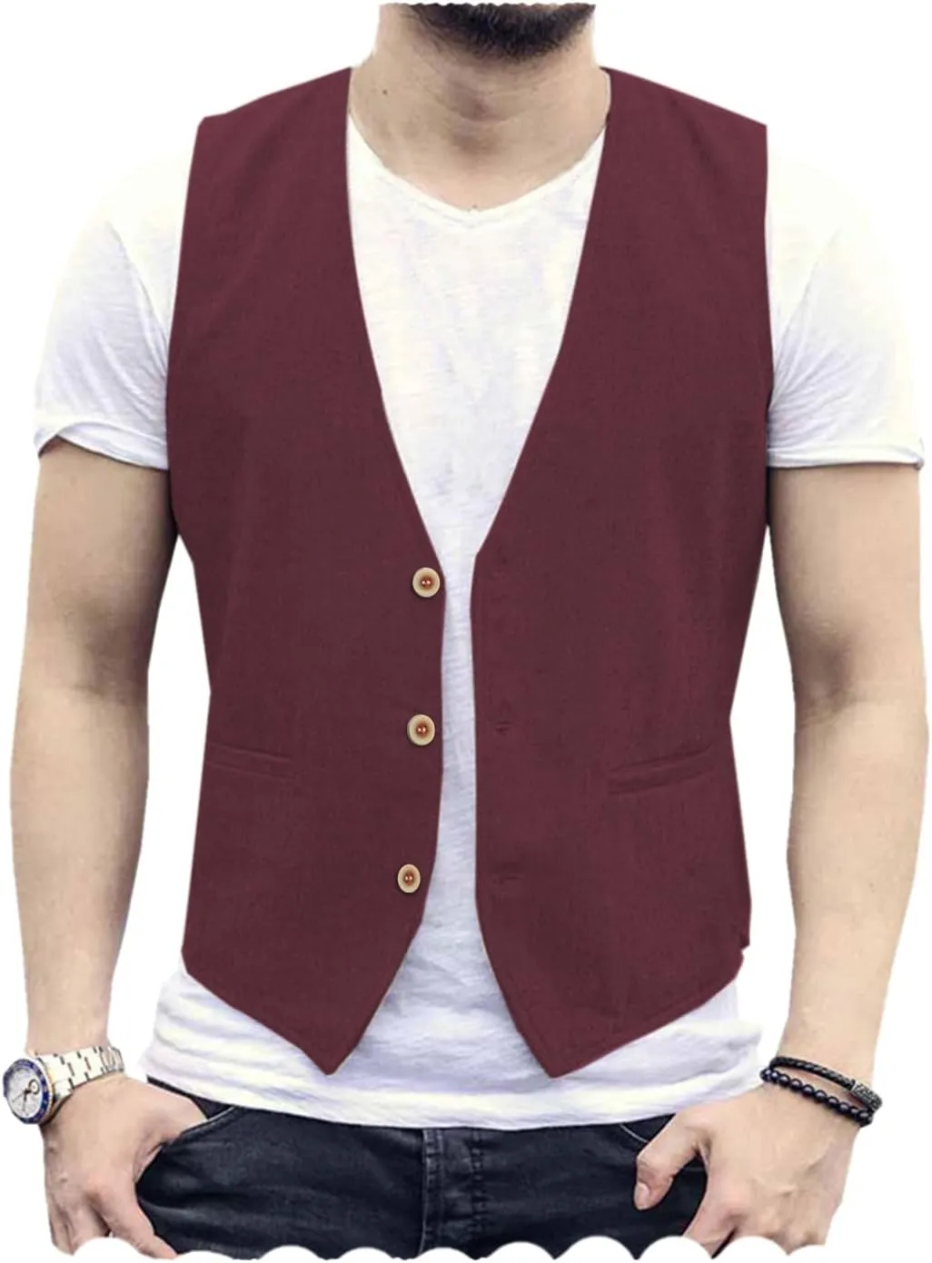 Tuikayoo Men's Summer Linen Vest Suit Waistcoat Casual Vest Regular Fit