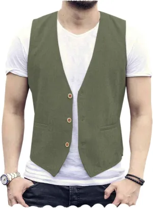 Tuikayoo Men's Summer Linen Vest Suit Waistcoat Casual Vest Regular Fit