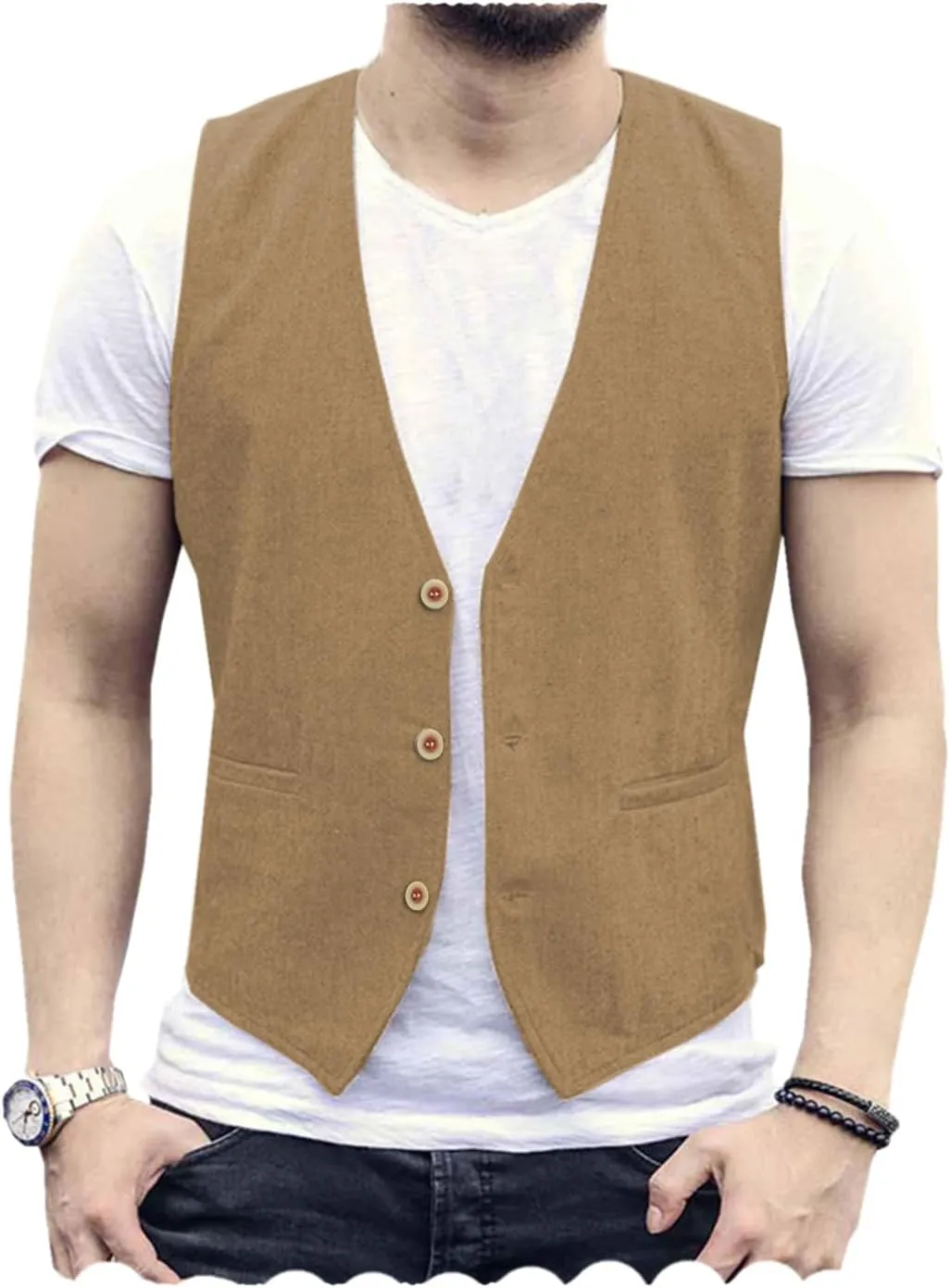 Tuikayoo Men's Summer Linen Vest Suit Waistcoat Casual Vest Regular Fit