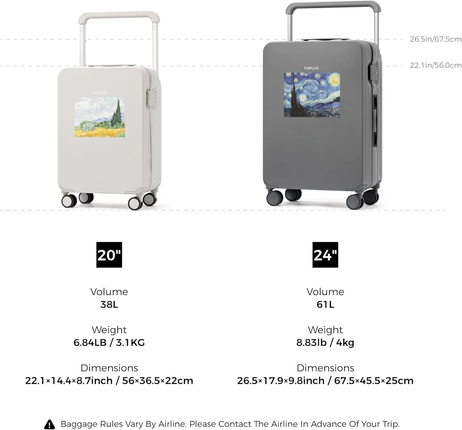 TUPLUS Suitcase Lightweight Luggage Hard Shell Suitcase with 4 Spinner Wheels Hold Check in Travel Case, Impression Series
