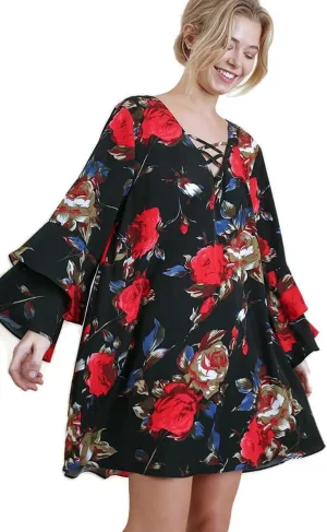 Umgee Women's Floral Layered Ruffle Sleeve Mini Dress