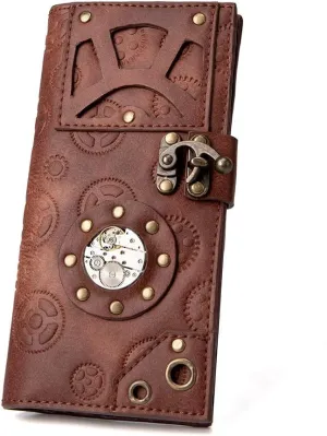 Valentoria Handmade Vintage Steampunk Gear Womens RFID Blocking Long Wallet Genuine Leather Card Holder Purse Handbag Clutch Cell Phone Purse Bag Holster Gift for Women Men (A)