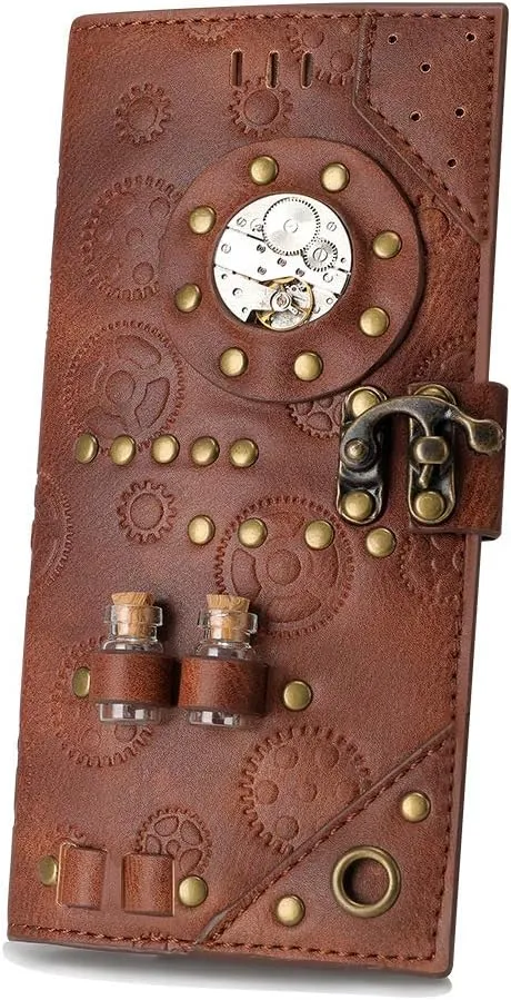 Valentoria Handmade Vintage Steampunk Gear Womens RFID Blocking Long Wallet Genuine Leather Card Holder Purse Handbag Clutch Cell Phone Purse Bag Holster Gift for Women Men (B)