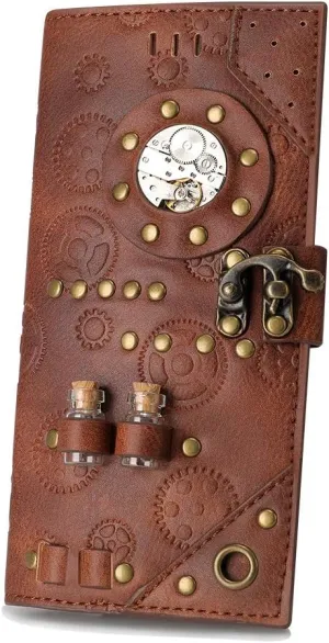 Valentoria Handmade Vintage Steampunk Gear Womens RFID Blocking Long Wallet Genuine Leather Card Holder Purse Handbag Clutch Cell Phone Purse Bag Holster Gift for Women Men (B)