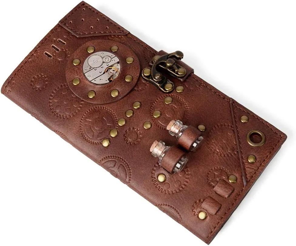 Valentoria Handmade Vintage Steampunk Gear Womens RFID Blocking Long Wallet Genuine Leather Card Holder Purse Handbag Clutch Cell Phone Purse Bag Holster Gift for Women Men (B)