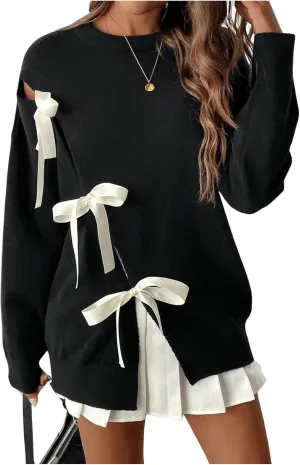 Verdusa Women's Bow Tie Split Sweater Fall Outfits Round Neck Loose Fit Knit Pullover Tops