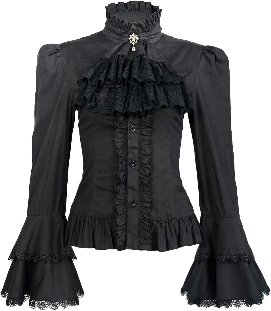 Victorian Blouse Womens Gothic Lolita Shirt Vintage Long Sleeve Lotus Ruffle Tops