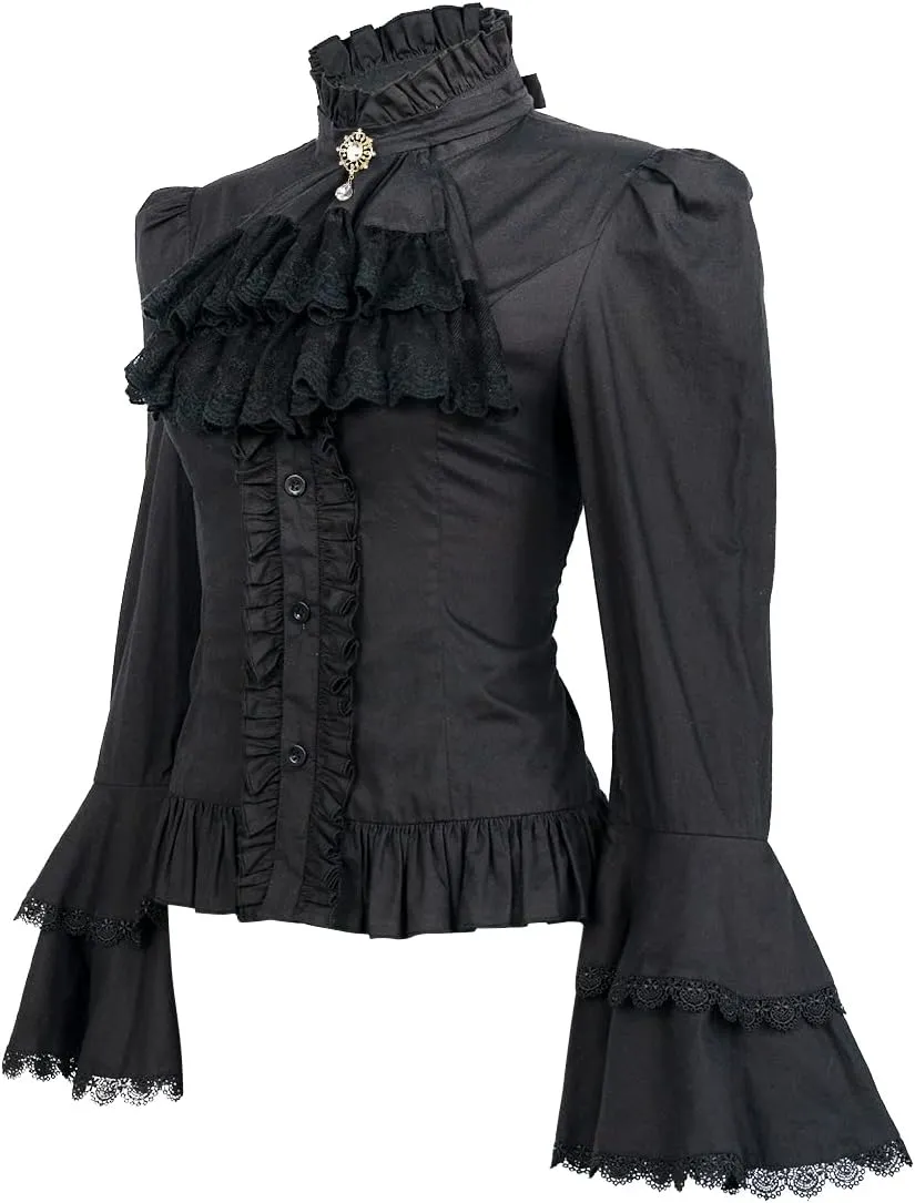 Victorian Blouse Womens Gothic Lolita Shirt Vintage Long Sleeve Lotus Ruffle Tops