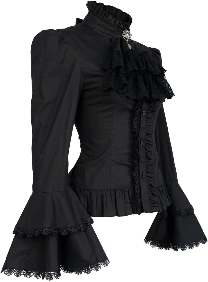 Victorian Blouse Womens Gothic Lolita Shirt Vintage Long Sleeve Lotus Ruffle Tops