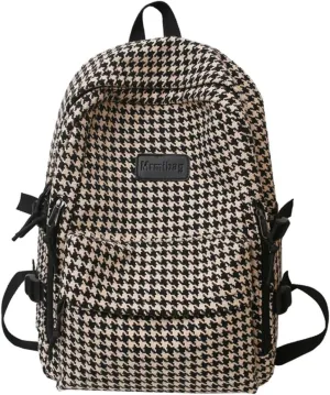 Vintage Tweed Backpack Aesthetic Houndstooth Print 15.6 Inch Laptop Backpack for Women Men Casual Daypack (One Size,Khaki)