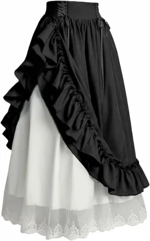 Vintage Women Gothic Victorian Skirt High Waist Double-Layer Lace Ruffle Renaissance Maxi Skirts