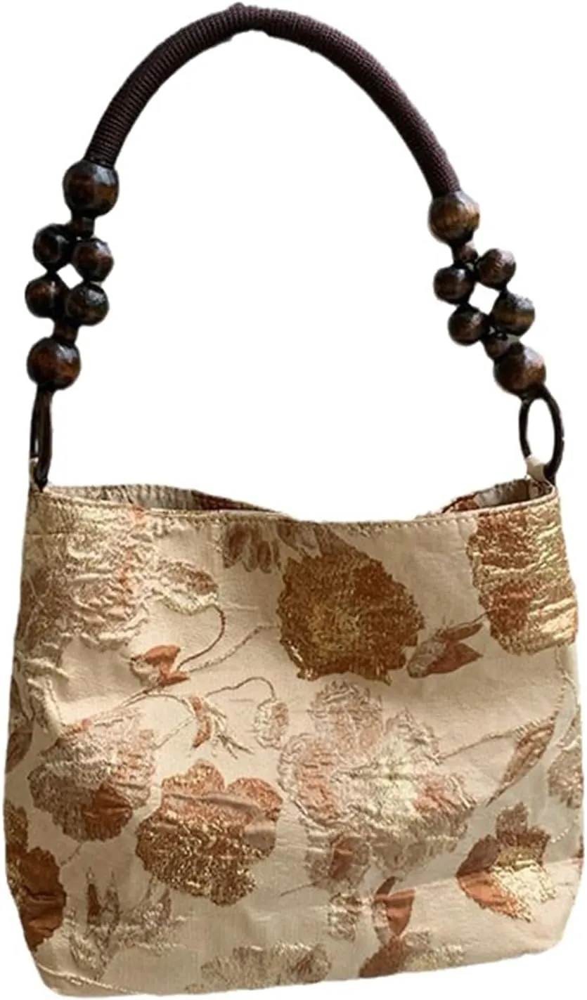 Vintage Wood Beads Chain Handle Shoulder Bag Embroidered Print Flower Handbag Fashion Bucket Bag Underarm Bag for Women, Multi