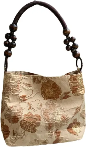 Vintage Wood Beads Chain Handle Shoulder Bag Embroidered Print Flower Handbag Fashion Bucket Bag Underarm Bag for Women