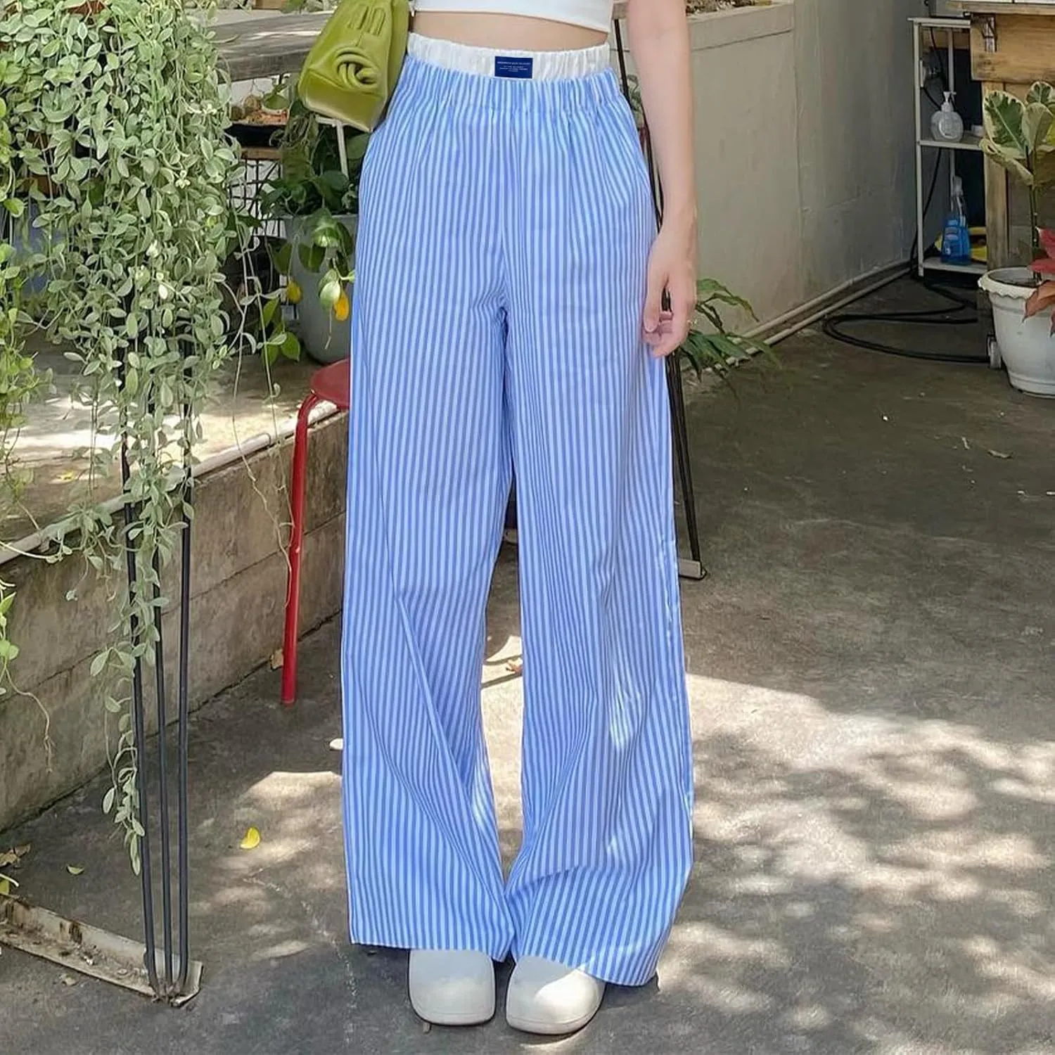VISGOGO Womens Striped Blue Linen Pants Women Wide Leg Trousers Straight Elastic High Waist Loose Fit Y2K Fashion Pants