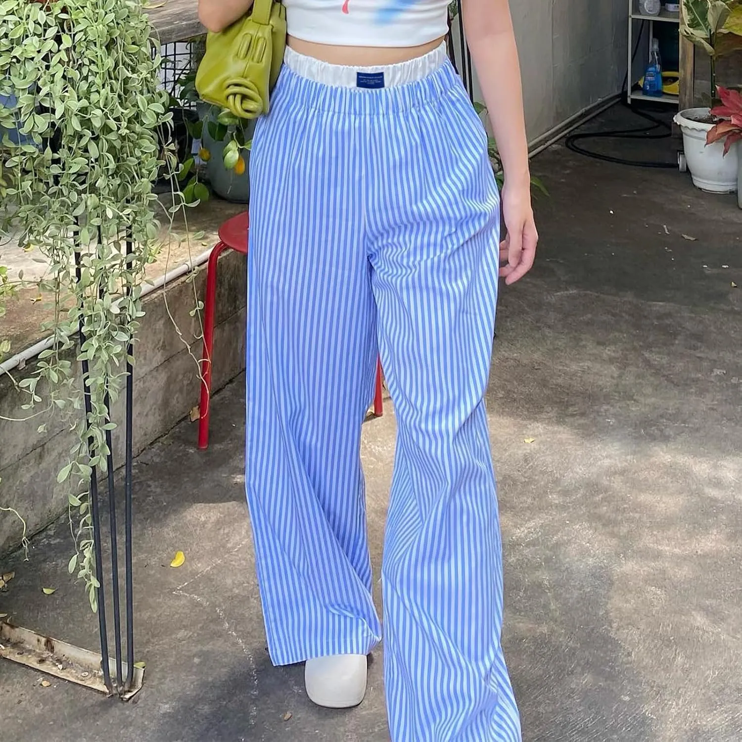 VISGOGO Womens Striped Blue Linen Pants Women Wide Leg Trousers Straight Elastic High Waist Loose Fit Y2K Fashion Pants