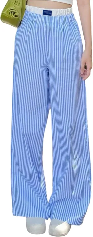 VISGOGO Womens Striped Blue Linen Pants Women Wide Leg Trousers Straight Elastic High Waist Loose Fit Y2K Fashion Pants