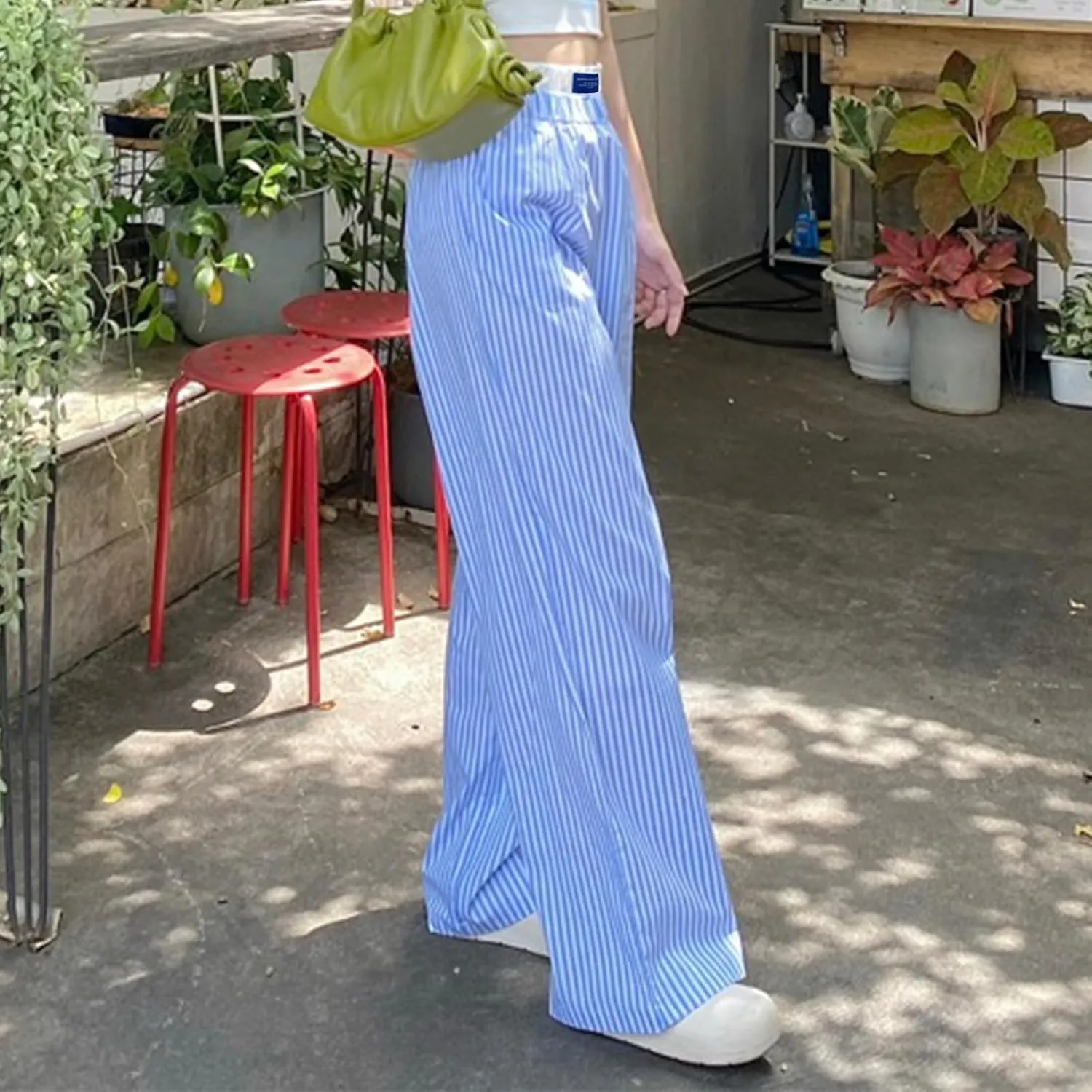VISGOGO Womens Striped Blue Linen Pants Women Wide Leg Trousers Straight Elastic High Waist Loose Fit Y2K Fashion Pants