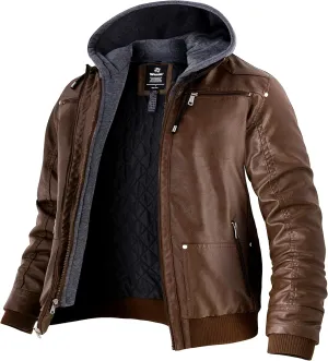 wantdo Men's Big and Tall PU Faux Leather Jacket Zip-Up Motorcycle Bomer Jacket Casual Winter Coat with Removable Hood