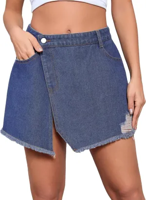 WDIRARA Women's High Waisted A-Line Button Wrap Denim Jean Skirt Mini Skirt