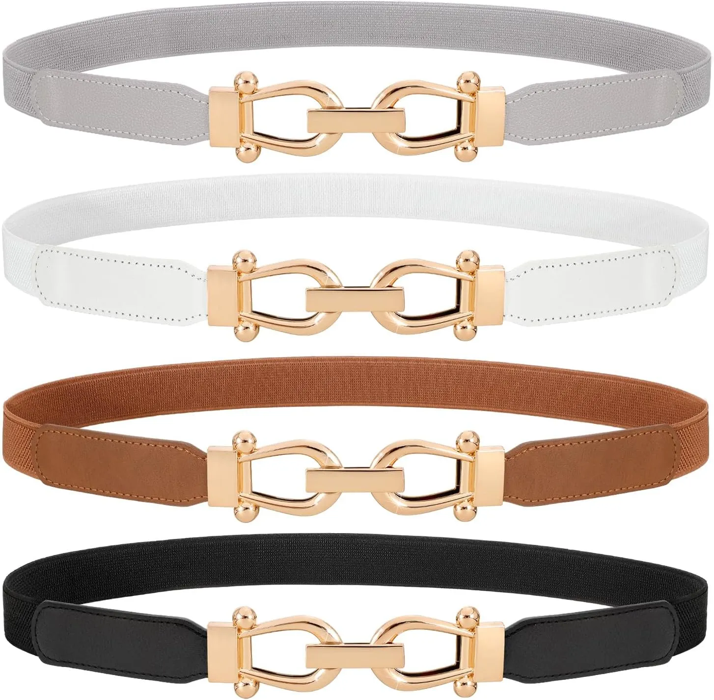 WERFORU 4 Pack Women Skinny Elastic Waist Belt Gold Buckle Stretchy Thin Belt for Jeans Dress
