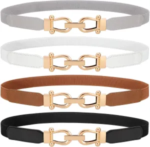 WERFORU 4 Pack Women Skinny Elastic Waist Belt Gold Buckle Stretchy Thin Belt for Jeans Dress