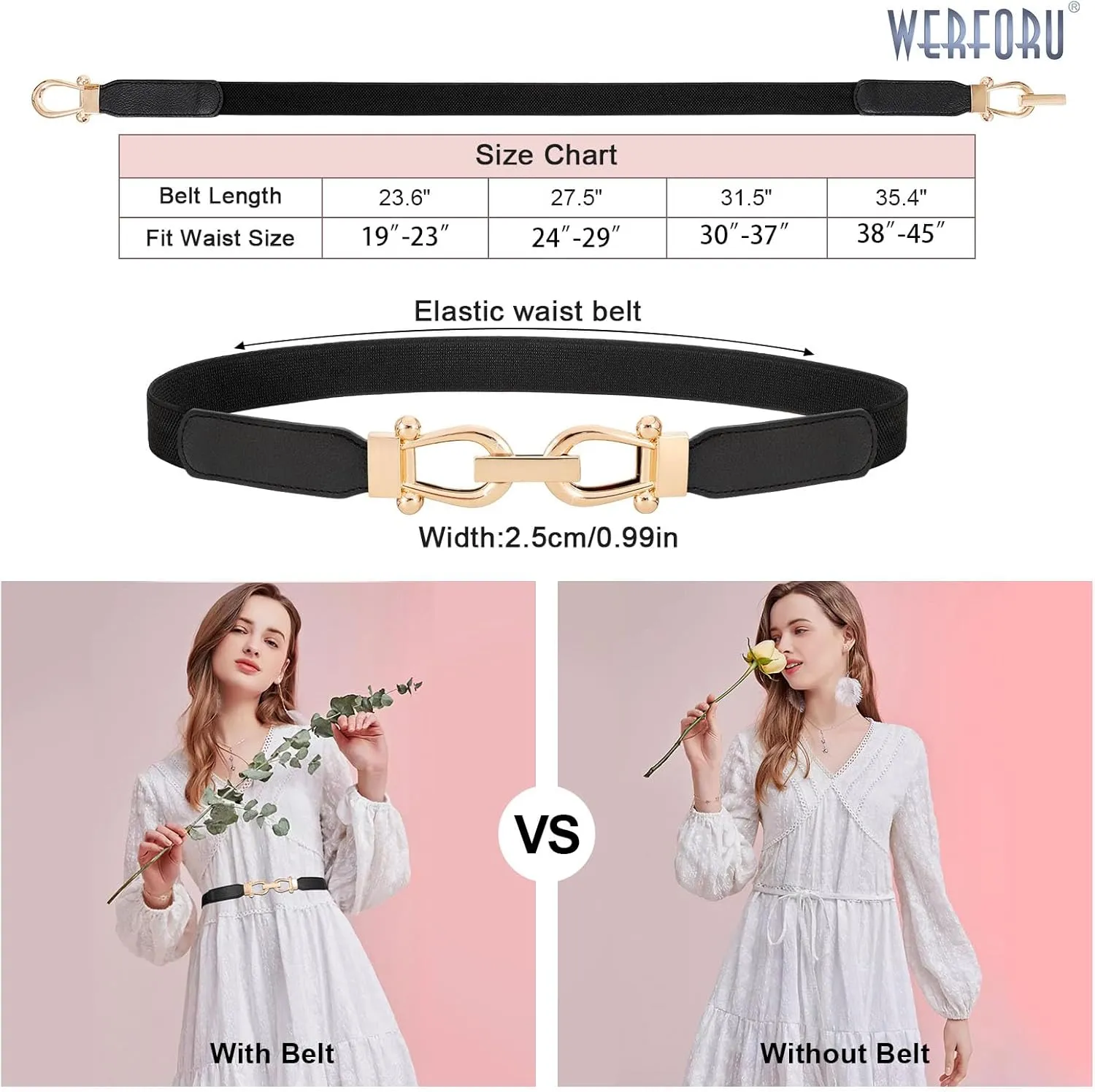 WERFORU 4 Pack Women Skinny Elastic Waist Belt Gold Buckle Stretchy Thin Belt for Jeans Dress