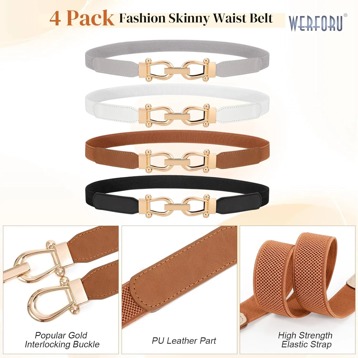 WERFORU 4 Pack Women Skinny Elastic Waist Belt Gold Buckle Stretchy Thin Belt for Jeans Dress