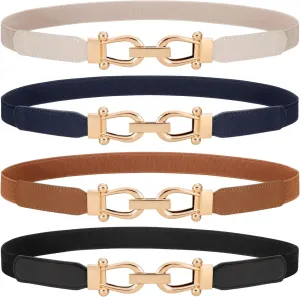 WERFORU 4 Pack Women Skinny Elastic Waist Belt Gold Buckle Stretchy Thin Belt for Jeans Dress