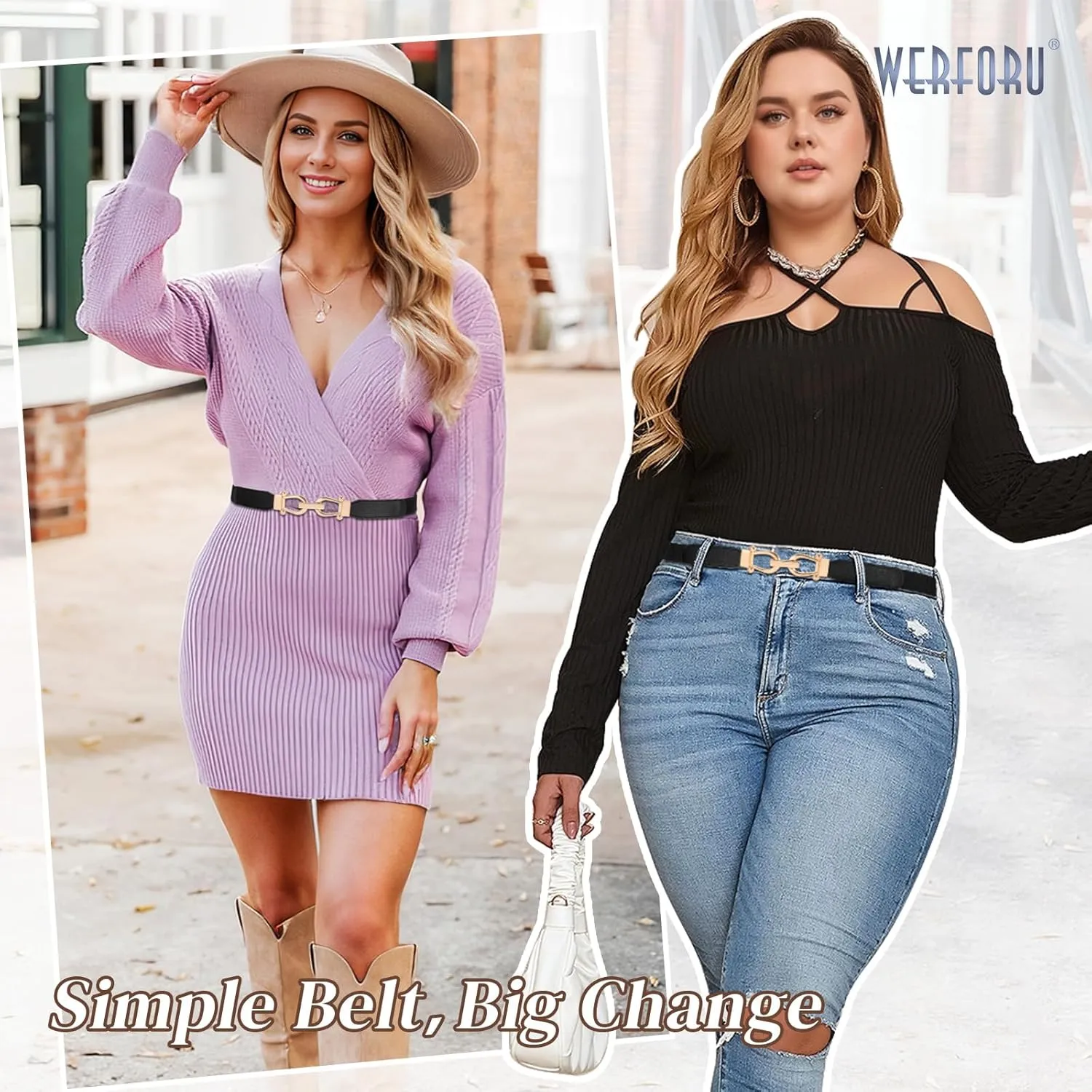 WERFORU 4 Pack Women Skinny Elastic Waist Belt Gold Buckle Stretchy Thin Belt for Jeans Dress