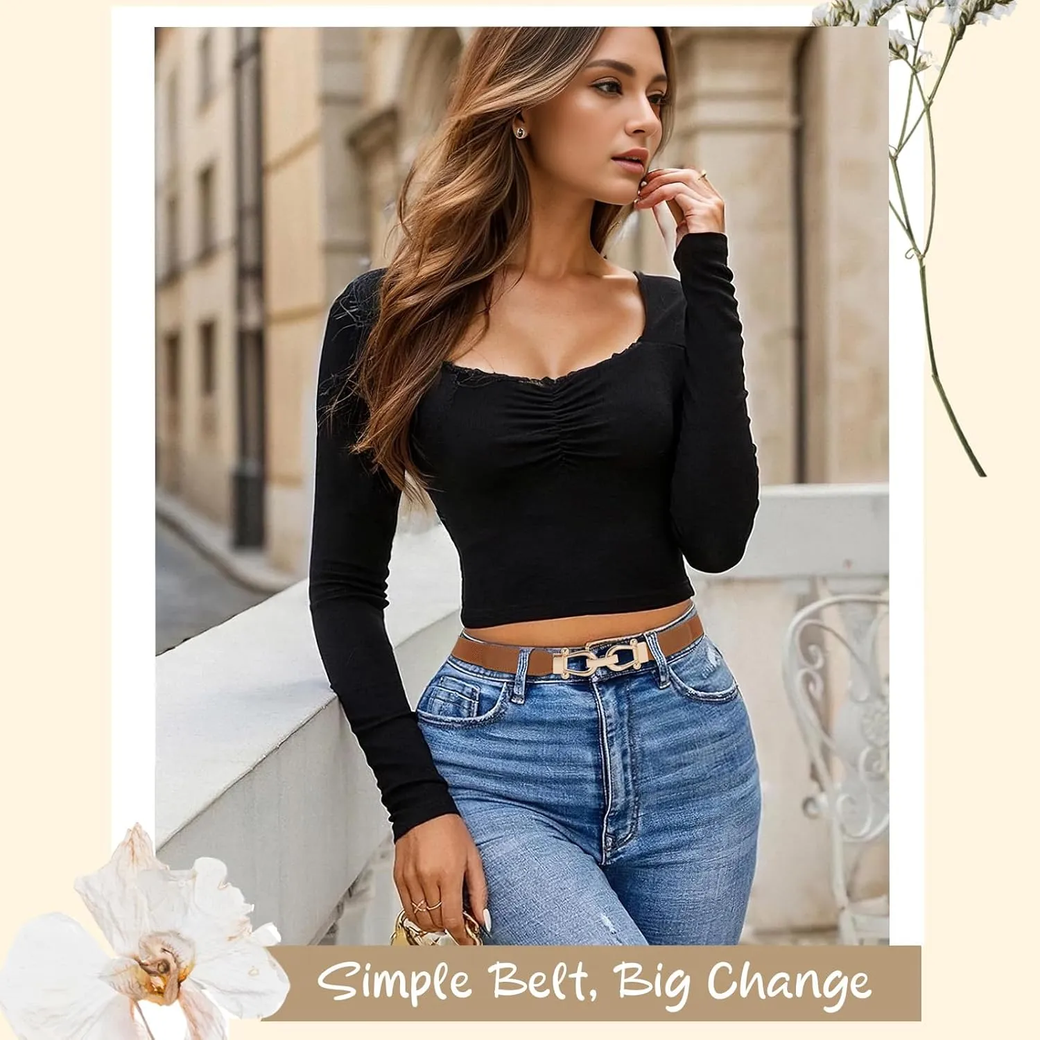 WERFORU 4 Pack Women Skinny Elastic Waist Belt Gold Buckle Stretchy Thin Belt for Jeans Dress