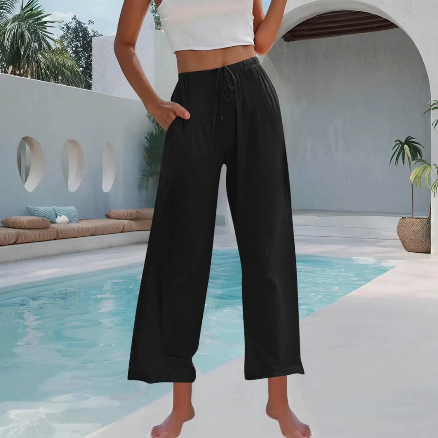 Wide Leg Pants for Woman Palazzo Trousers High Waisted Drawstring Summer Casual Business Work Beach Vacation Pants