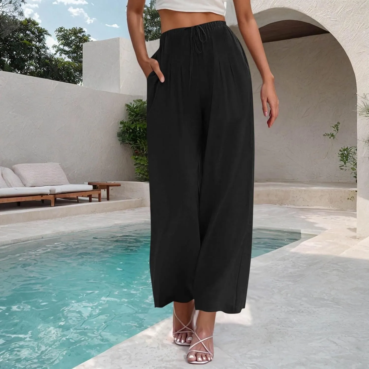 Wide Leg Pants for Woman Palazzo Trousers High Waisted Drawstring Summer Casual Business Work Beach Vacation Pants