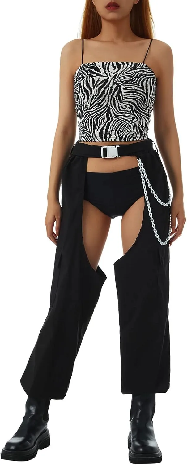 Women Buckle Bottomless Pants Sexy High Waist Chaps Hollow Out Cargo Crotch Pants See Through Rave Leggings Harem Trousers