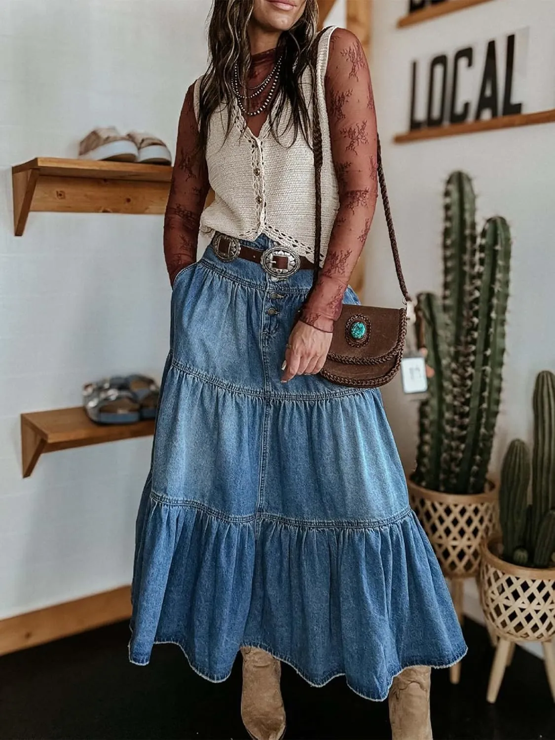 Women Casual High Waisted Denim Maxi Skirts Vintage Tiered Flowy Pleated Boho Cowboy A Line Jean Long Skirts