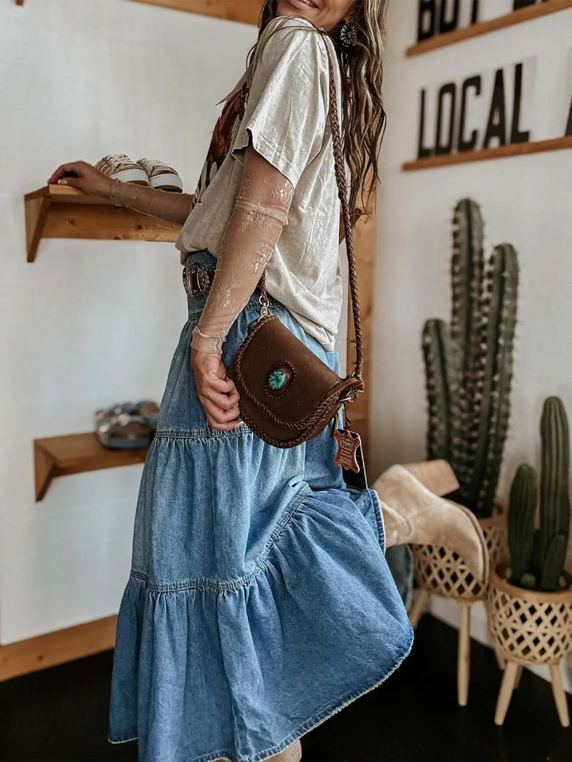 Women Casual High Waisted Denim Maxi Skirts Vintage Tiered Flowy Pleated Boho Cowboy A Line Jean Long Skirts