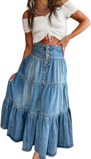 Women Casual High Waisted Denim Maxi Skirts Vintage Tiered Flowy Pleated Boho Cowboy A Line Jean Long Skirts