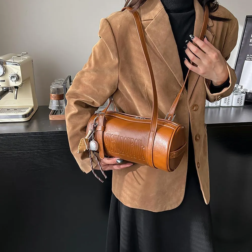 Women Female Cylinder Shaped Bag, PU Leather Pillow Shoulder Purse, Novelty Casual Fashin Circular Underarm Handbag Satchel