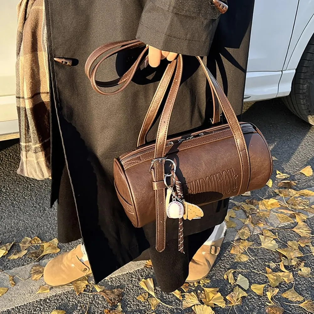 Women Female Cylinder Shaped Bag, PU Leather Pillow Shoulder Purse, Novelty Casual Fashin Circular Underarm Handbag Satchel