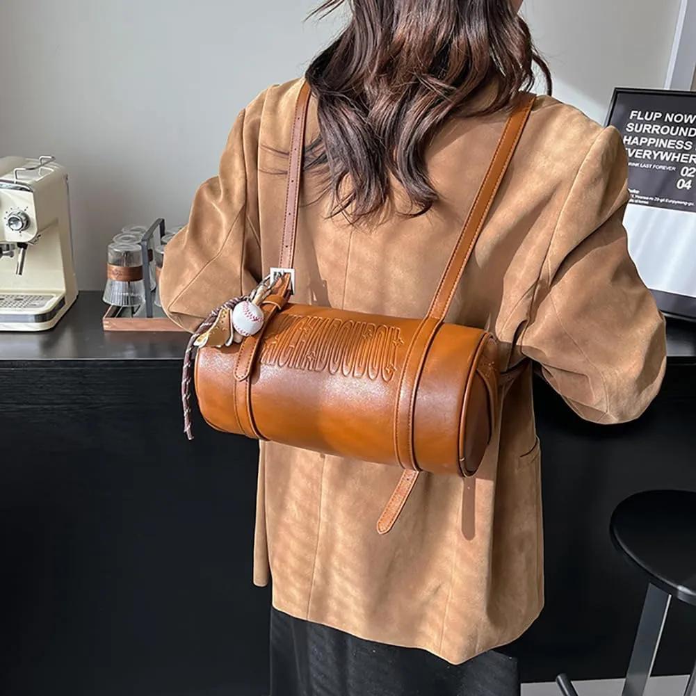 Women Female Cylinder Shaped Bag, PU Leather Pillow Shoulder Purse, Novelty Casual Fashin Circular Underarm Handbag Satchel